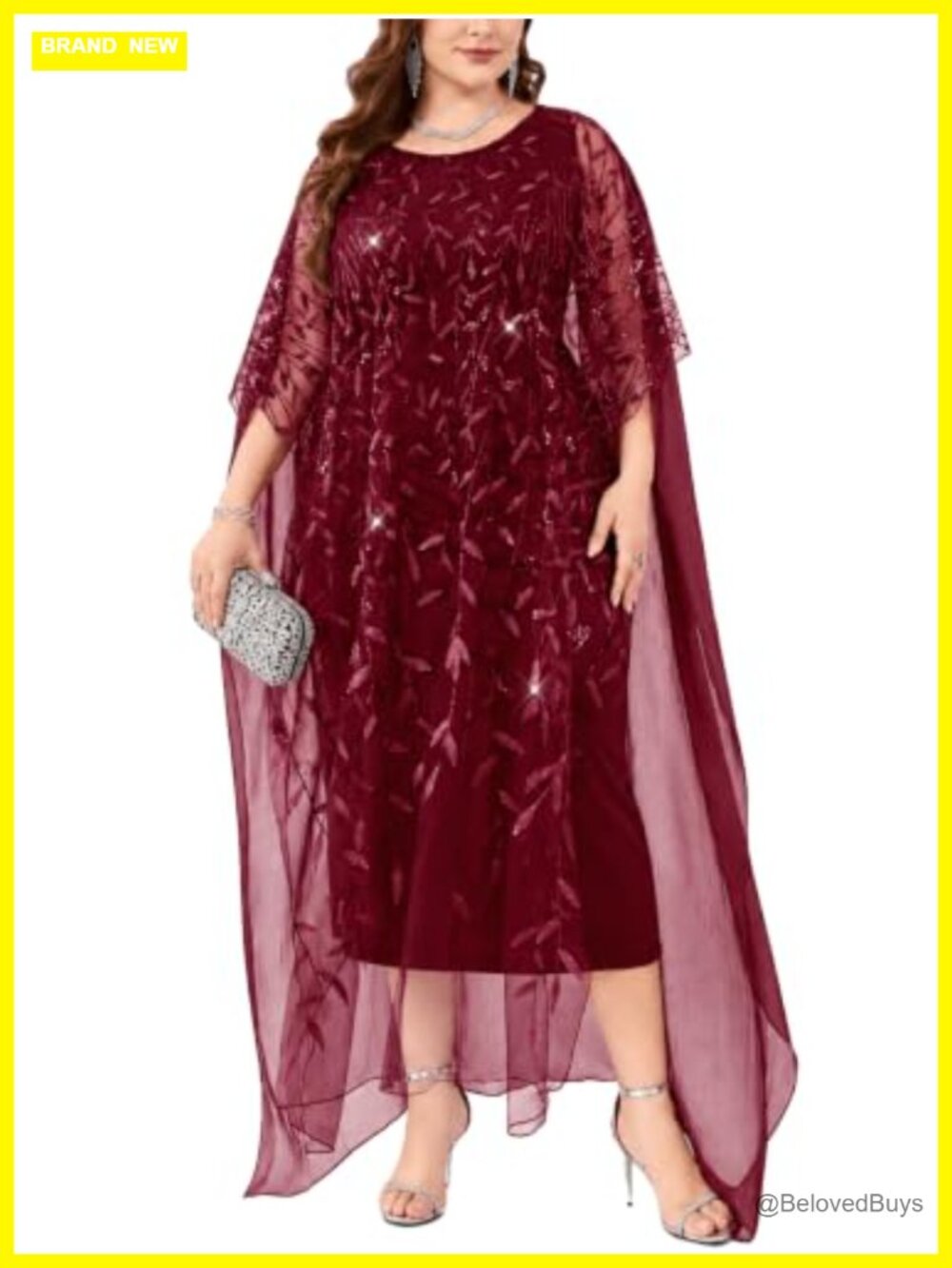 Plus Size Sequin Embroidered Formal Evening Gown with Cape Sleeve Overlay